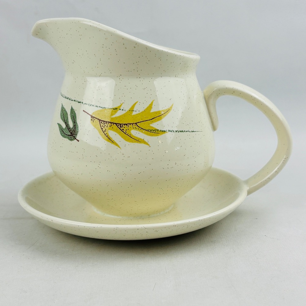 Franciscan Autumn Gravy Boat‎ Attached Underplate Speckled Leaves Vintage MCM